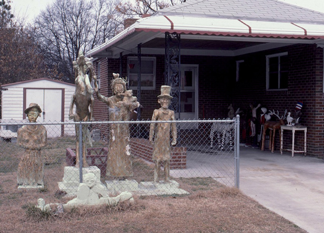 Vernon Burwell, untitled (site view, garage and sculpture group, 1985), Rocky Mount, NC. Photo: Roger Manley.