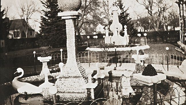 Carl Peterson yard environment (site view, swan, pond, and various towers, c. 1930–1940), St. James, MN, c. 1925–1969. Courtesy of the Peterson family.